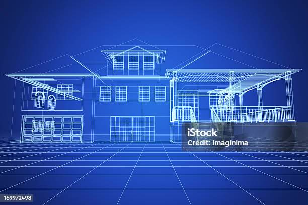 Niebieski Szkielet Villa - zdjęcia stockowe i więcej obrazów Dom - Budowla mieszkaniowa - Dom - Budowla mieszkaniowa, Projekt - Plan, Obraz stworzony cyfrowo