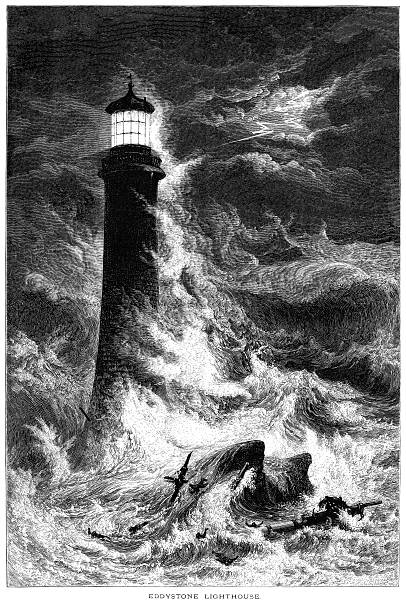 illustrations, cliparts, dessins animés et icônes de eddystone phare avec une épave dans la tempête (gravure du xixe siècle - sea storm lighthouse rough