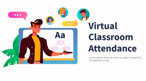 student in virtual classroom using smart interactive board virtual attendance e-learning online education concept horizontal student in virtual classroom using smart interactive board virtual attendance e-learning online education concept horizontal copy space vector illustration virtual attendees stock illustrations