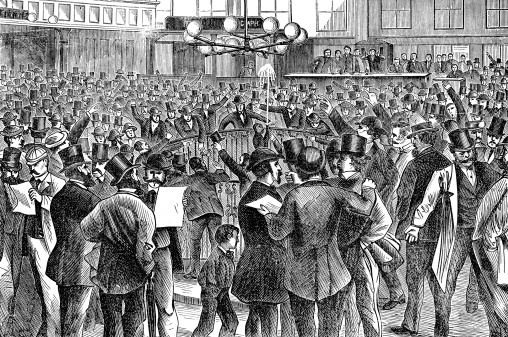 An Engraving From 1875 Of The Scene Inside The New York Stock Exchange During 1873.
