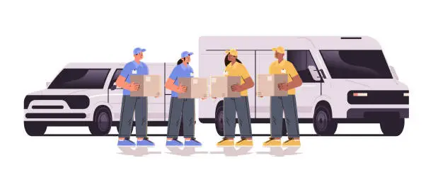 Vector illustration of deliverymen holding cardboard boxes near delivery van couriers carrying parcels express delivery service happy labor day celebration concept