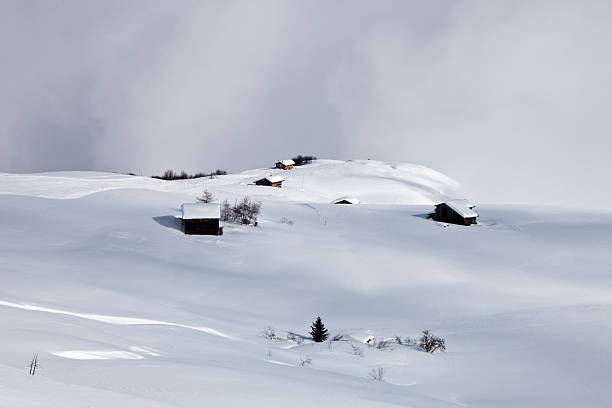 chalés e barns para alp no inverno - village hamlet chalet barn - fotografias e filmes do acervo