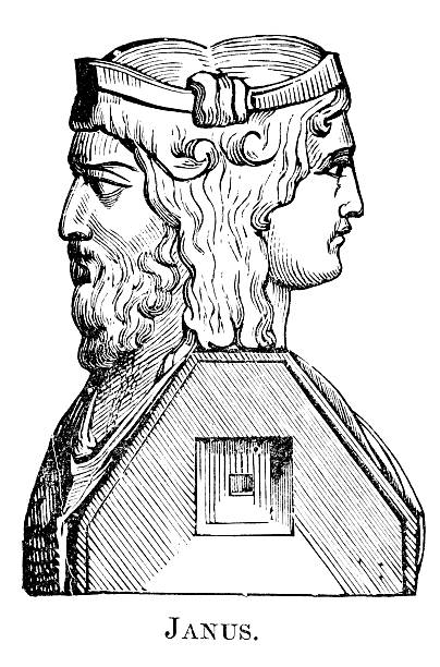 Roman God Janus Engraving From 1882 Featuring Janus The God Of Time Among Other Things. janus head stock illustrations
