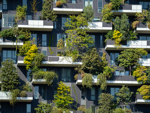 Milano, Italy. Bosco Verticale, a close up view at the modern and ecological skyscrapers with many trees on each balcony. Modern architecture, vertical gardens, terraces with plants