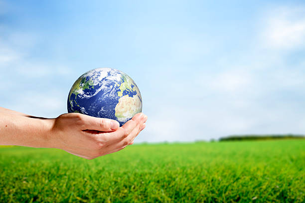 istock Female hands holding planet earth in rural scene 169974943