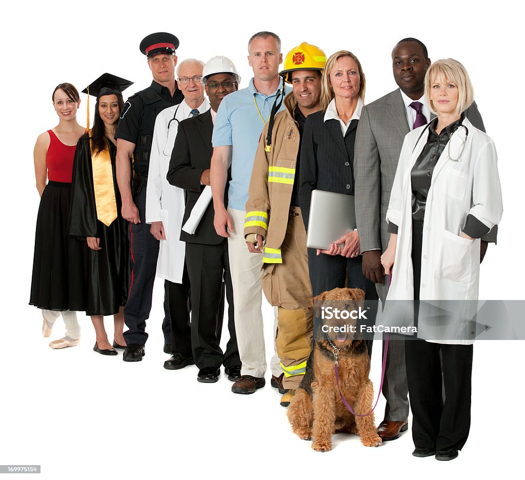 Line of 10 people representing occupations Ten men and women wearing different types of occupational attire standing in a line.  The group is accompanied by a dog held on a leash by a woman wearing a laboratory coat. Police Force Stock Photo