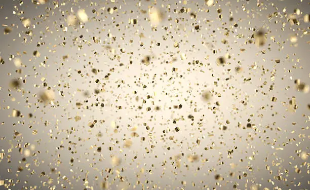 Gold confetti with depth of field on a gray background. HDRI lightening with reflection map.