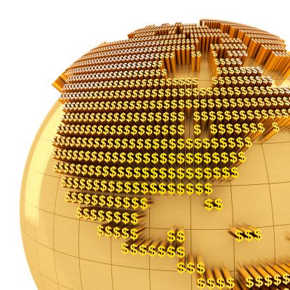 Money world, close-up on North America, 3d render, with clipping path