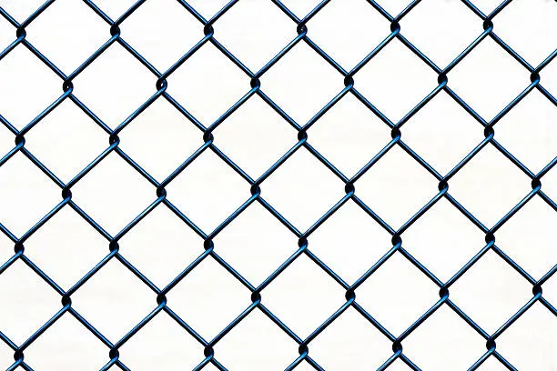 Closeup black wire fence against white background, full frame horizontal composition with copy space