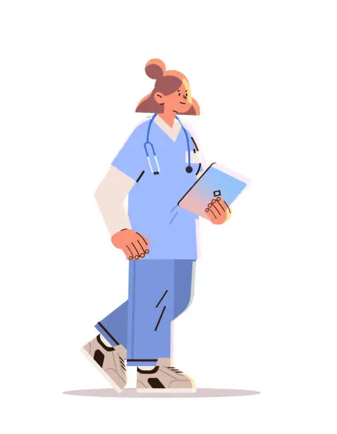 Vector illustration of woman doctor with stethoscope medical worker in uniform happy labor day celebration concept vertical