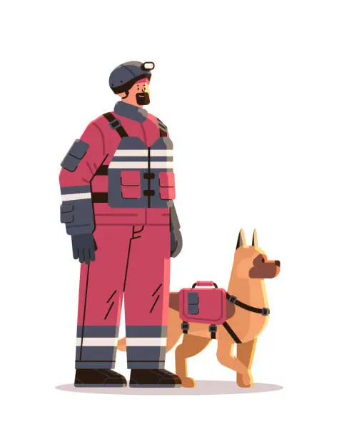 Vector illustration of firefighter in uniform fireman with firefighting equipment and dog emergency service happy labor day celebration concept vertical