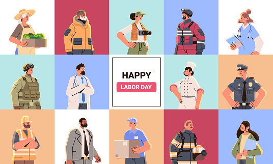 set different occupation people diverse workers of various professions and specialists collection happy labor day celebration concept horizontal vector illustration