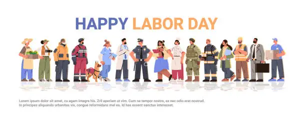 Vector illustration of different occupation people group of diverse workers of various professions and specialists standing together happy labor day celebration