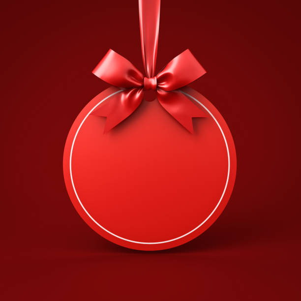 暗い赤の背景に赤いリボンと弓でぶら下がっている空白の赤い丸い看板 最小限のクリスマスデコレーションコンセプト3dレンダリング - christmas card christmas greeting card christmas ornament ストックフォトと画像