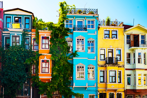 Brightly painted houses in Balat, Istanbul, Turkiye
