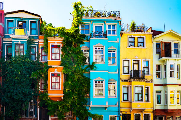 Colorful homes in the Balat neighborhood of Istanbul, Turkiye stock photo