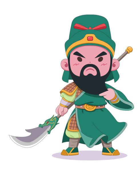 Cute style Chinese warlord Guan Yu cartoon illustration Cute style Chinese general Guan Yu holding The Green Dragon Crescent Blade cartoon illustration cartoon of the famous chinese warriors stock illustrations