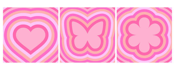 하트 꽃과 나비가 있는 그루비한 배경. �복고풍 사이키델릭 핑크 터널 그림. 포스터를 위한 60년대 70년대 만화 디자인. y2k 낭만적 인 벽지. 벡터 아트 - pink background illustrations stock illustrations
