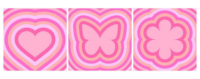 Groovy backgrounds with heart flower and butterfly. Retro psychedelic pink tunnel illustration. 60s 70s cartoon design for poster. Y2K romantic wallpaper. Vector art.