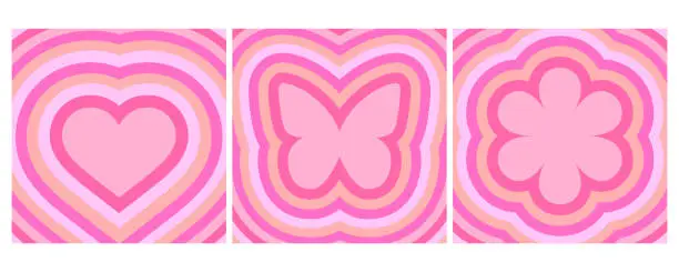 Vector illustration of Groovy backgrounds with heart flower and butterfly. Retro psychedelic pink tunnel illustration. 60s 70s cartoon design for poster. Y2K romantic wallpaper. Vector art