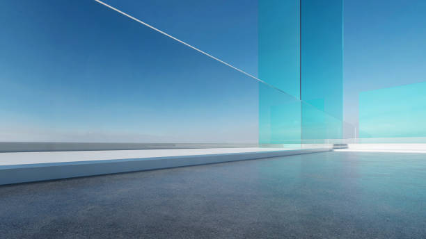 3d render of abstract futuristic glass architecture with empty concrete floor.