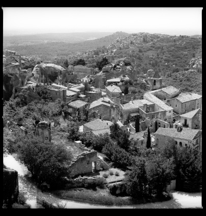 Les Baux de Provence - typical medieval village of the Provence in France, in b&w