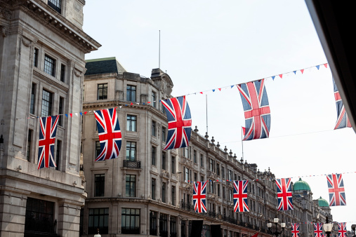 Union Jack over Regent street, London.