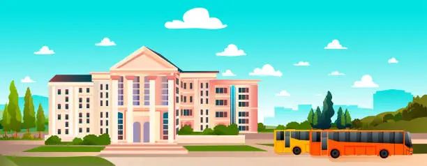 Vector illustration of university building empty front yard with green trees road crosswalk and orange buses