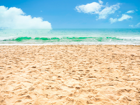 Sand Sea Ocean Blue Water Horizon Background View Wave Texture Surface Beach Summer Calm Shore Island Tropical Sky Nature Landscape Beautiful Sun Day for Tourism Relax Vacation Travel Holiday.