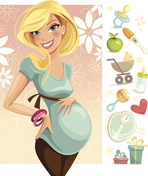 An illustration of a pregnant woman Illustration of a pregnant woman and pregnancy icon set. Woman, icons and background are grouped and layered separately. cute pregnant woman with gift stock illustrations