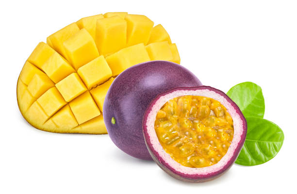 istock fresh sliced mango with maracuja and green leaves isolated on white background. exotic fruit. clipping path 1699815697