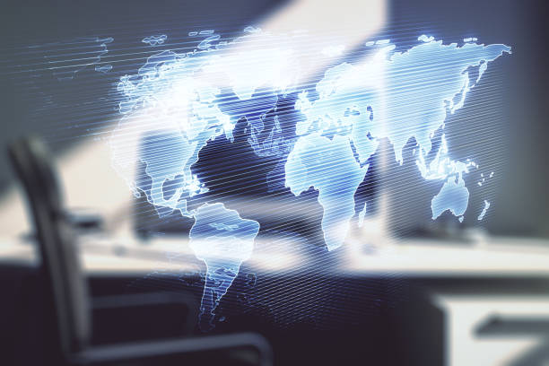 istock Multi exposure of abstract graphic world map and modern desk with computer on background, connection and communication concept 1699823223