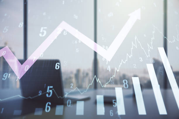 istock Abstract creative financial graph with upward arrow and modern desktop with computer on background, forex and investment concept. Multiexposure 1699823241