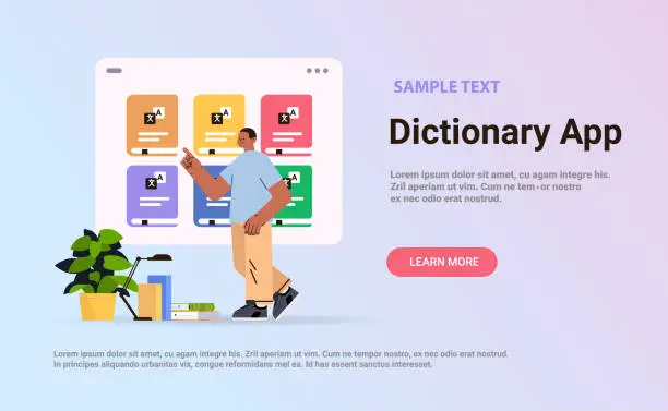 Vector illustration of man dictionary translation application on digital screen online communication e-learning education concept