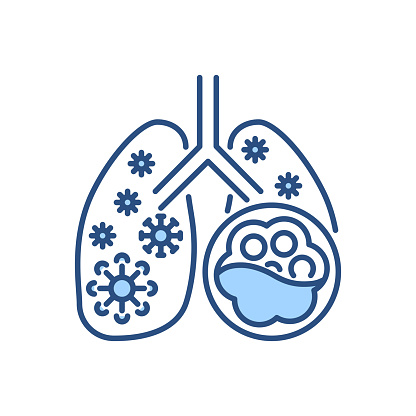 Pneumonia related vector icon. Lungs with alveoli and coronavirus. Pneumonia sign. Isolated on white background. Editable vector illustration
