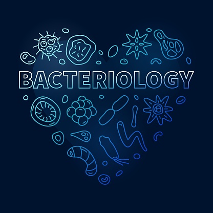 Bacteriology vector Education concept heart shaped blue banner or illustration in outline style with dark background