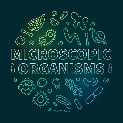 Microscopic Organisms vector Bacteriology concept thin line green round banner - Microorganisms illustration with dark background