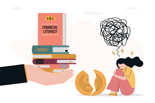 Woman loser sitting near broken coin. Mentor hand give textbooks about economic and financial literacy. Courses in trading or economic literacy. Literature on finance and investment. flat vector