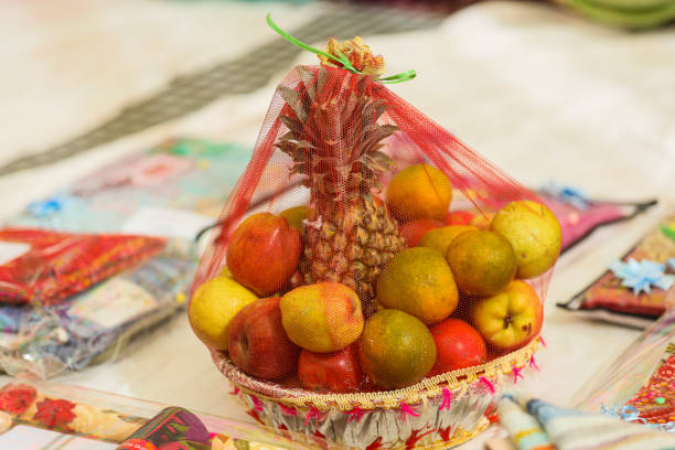 istock Fruits parcel (banana,grape,orange,apple,guava,pear) on the fruit basket Top view close up details. 1699840880