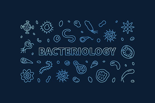 Bacteriology vector Education concept horizontal blue banner or illustration in outline style with dark background