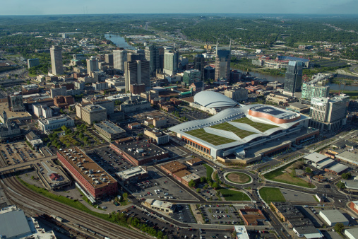 September 26, 2023: Kansas City, Missouri - Aerial view of Kauffman Stadium and Arrowhead Stadium, home to the Kansas City Royals and Kansas City Chiefs respectively.