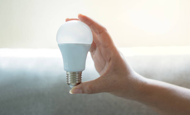 istock Woman hand holding LED light bulb on gray background with copy space. Creative idea concept. 1699856611