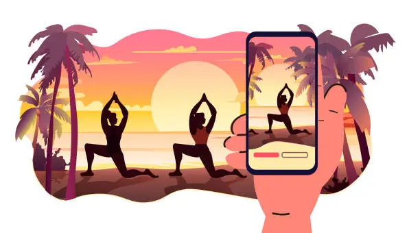 Vector illustration of women doing yoga exercises on tropical beach sunset seascape background summer vacation time to travel