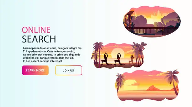 Vector illustration of set banners with tropical beach sunset seascape background summer vacation time to travel concept