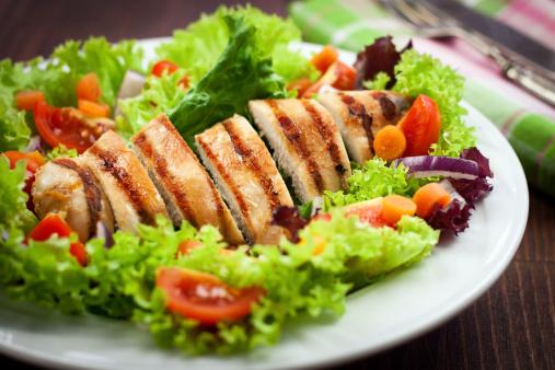 Protein dinner - grilled Turkey breast fillet steaks  Isolated on white background, top view