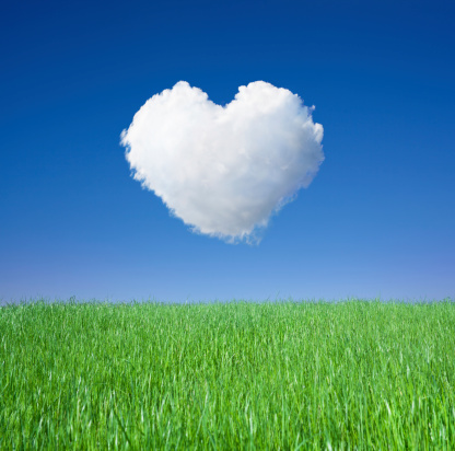 Green grass and heart shape cloud against blue sky. Square shape.