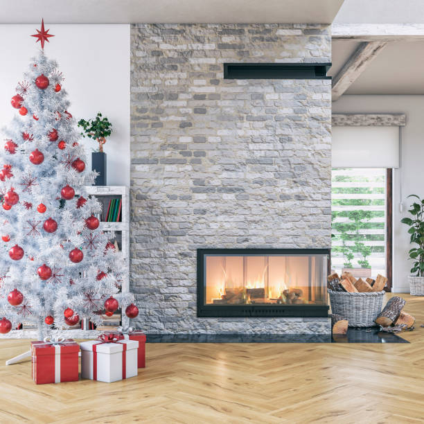 白いクリスマスツリー、ギフト、火のついた暖炉、窓、装飾が施された居心地の良い豪華でモダンなリビングルーム - bright brightly lit vibrant color burning ストックフォトと画像
