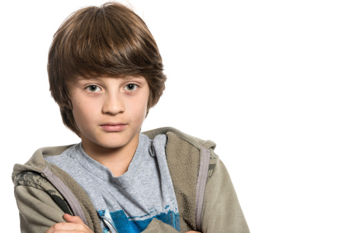 Serious caucasian Little boy on white background