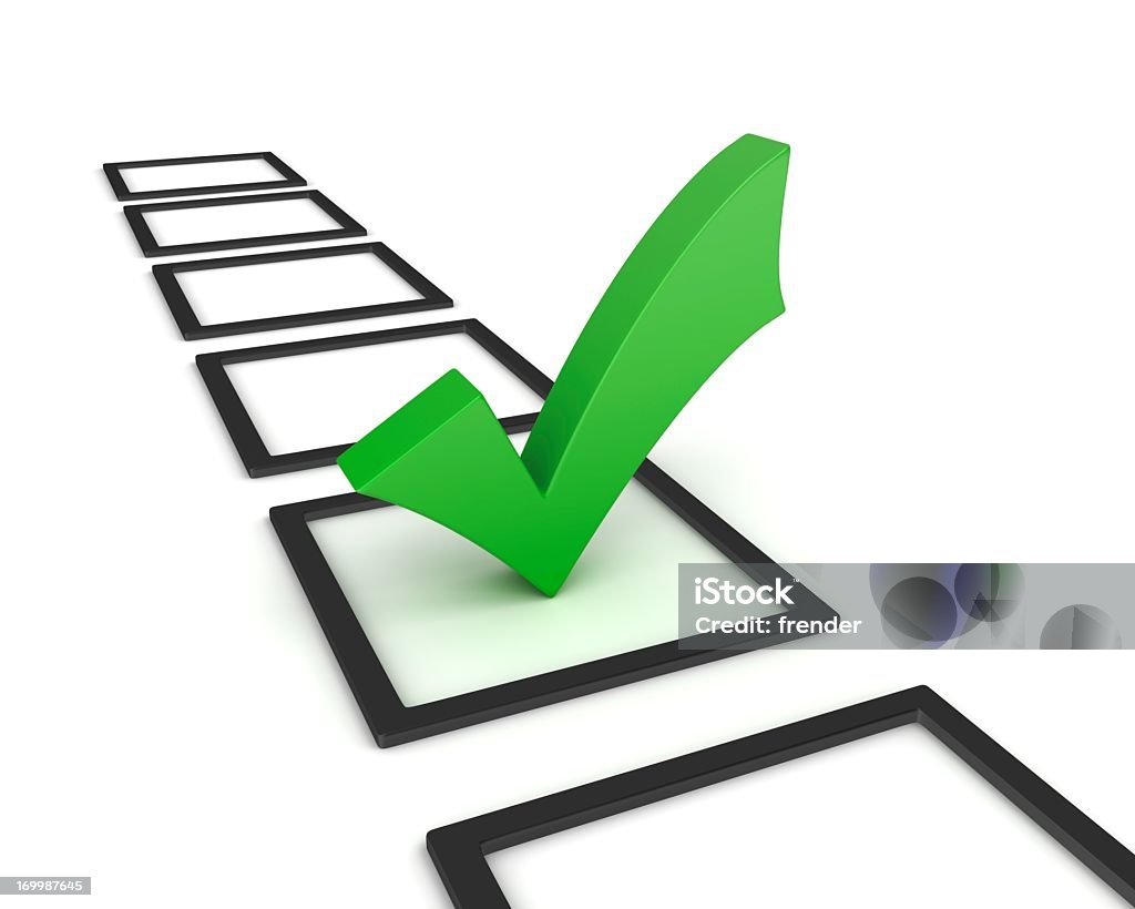 Blank checkboxes with a green 3D check mark on one of them Checklist Application Form Stock Photo