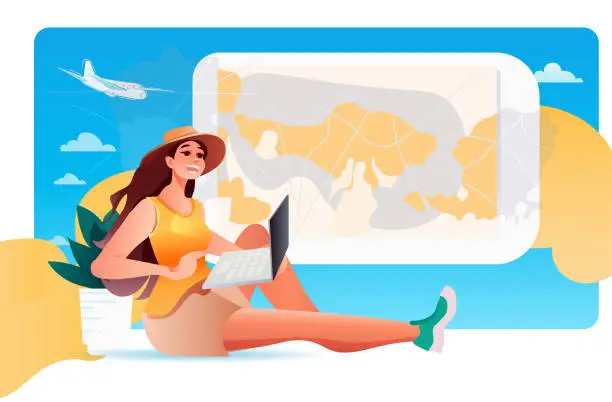 Vector illustration of woman traveler using laptop girl chhosing route of travel on world map summer vacation holiday time to travel concept